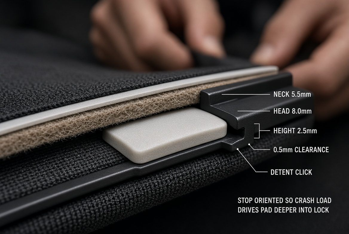 Macro of the dovetail dock: laminate, felt, TPU rail and pad, with the rail dimensions labeled